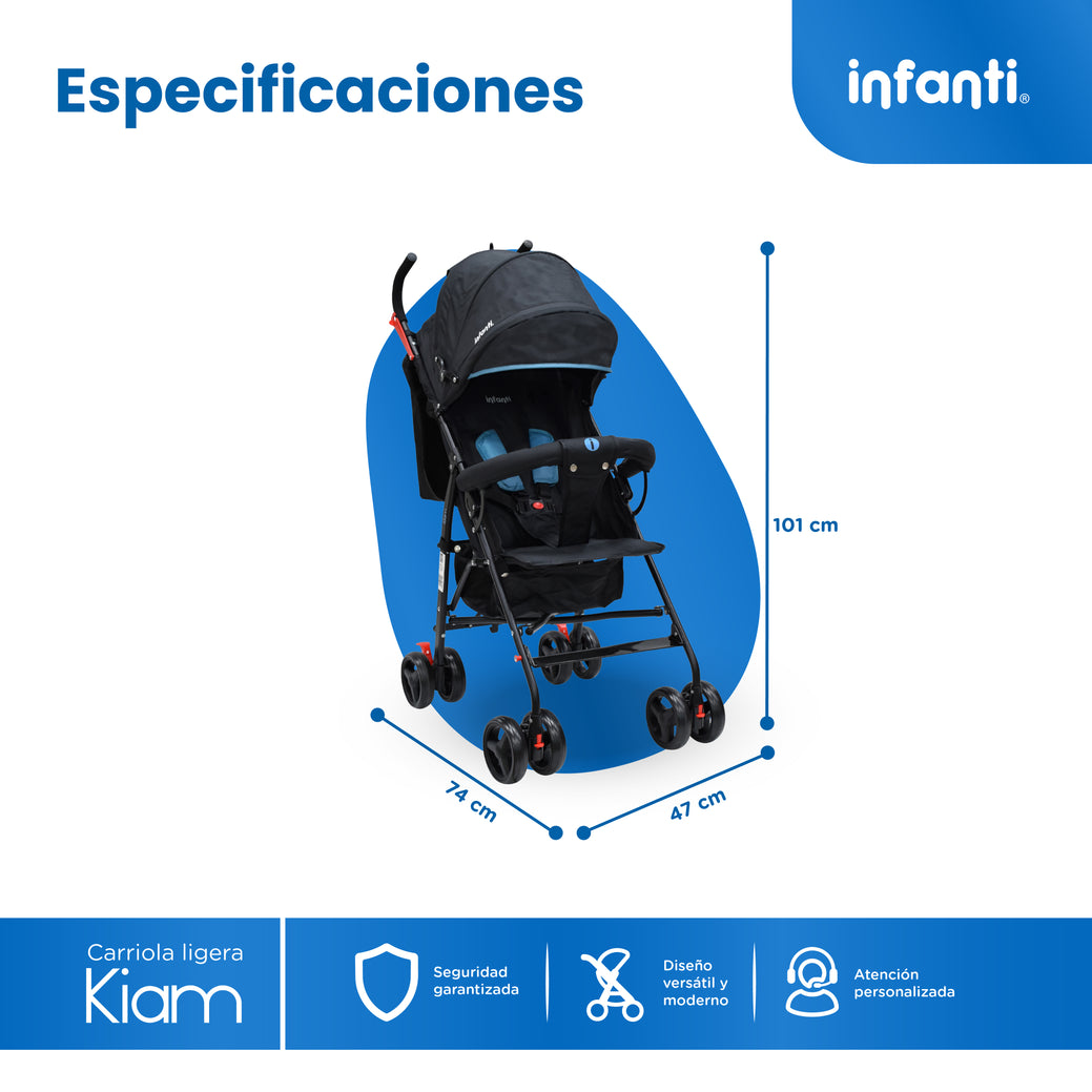Carriola De Bastón Con Plegado Compacto Kiam  Multiples Reclinaciones, Arnés De 5 puntos, Toldo Completo, Frenos y Ruedas Giratorias Con Seguro Ideal Para Bebes De 6 Meses a 15 kg, Infanti