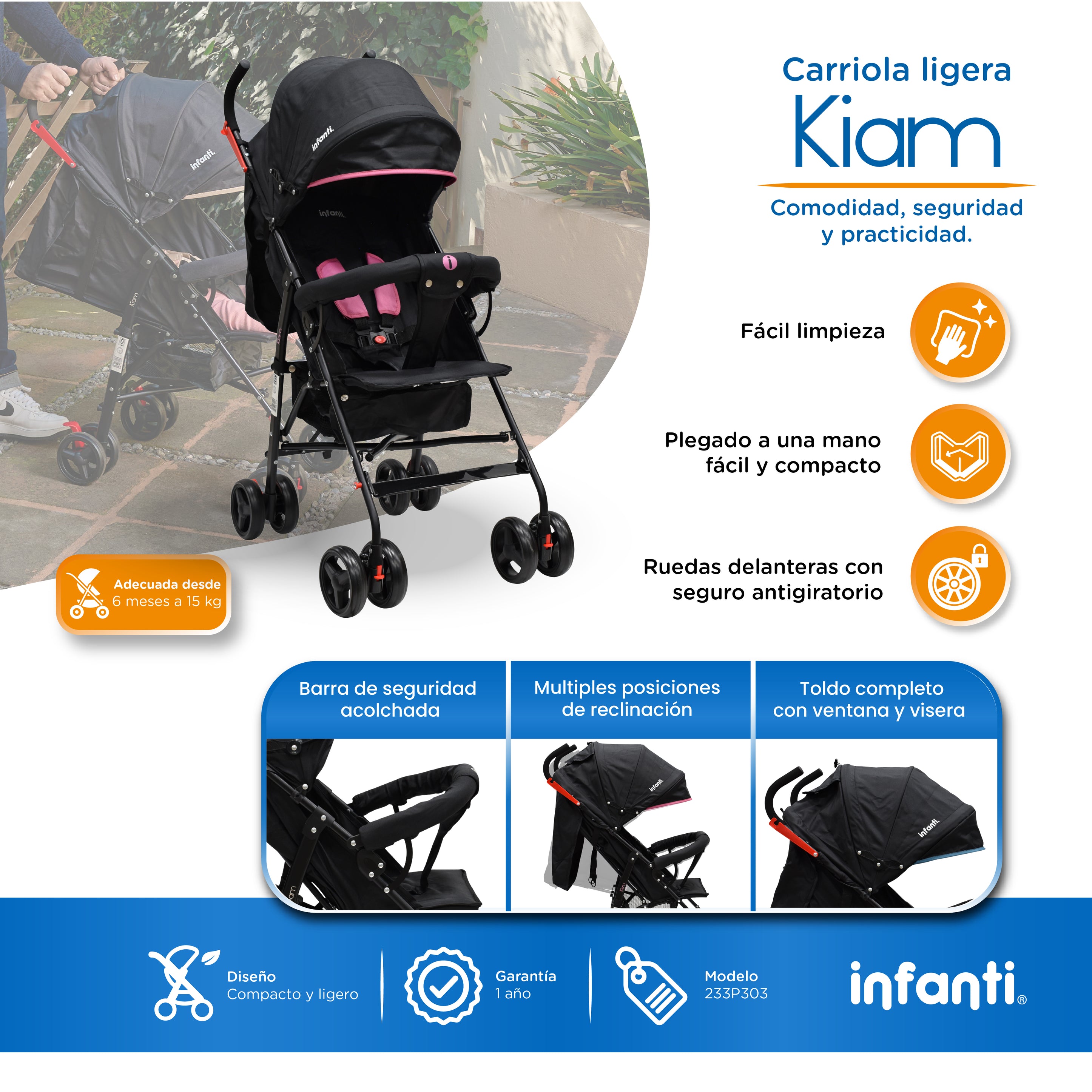 Carriola De Bastón Con Plegado Compacto Kiam  Multiples Reclinaciones, Arnés De 5 puntos, Toldo Completo, Frenos y Ruedas Giratorias Con Seguro Ideal Para Bebes De 6 Meses a 15 kg, Infanti