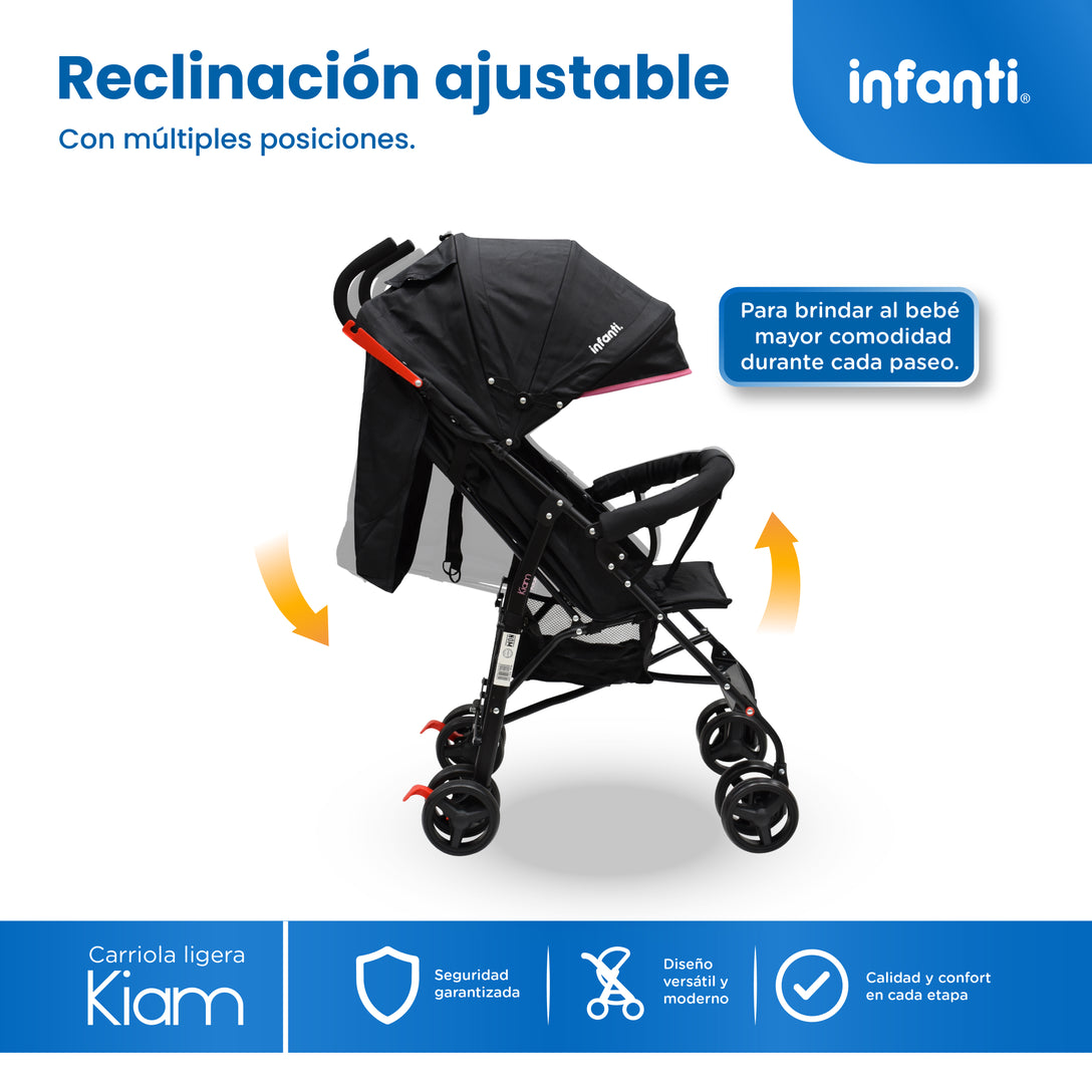 Carriola De Bastón Con Plegado Compacto Kiam  Multiples Reclinaciones, Arnés De 5 puntos, Toldo Completo, Frenos y Ruedas Giratorias Con Seguro Ideal Para Bebes De 6 Meses a 15 kg, Infanti