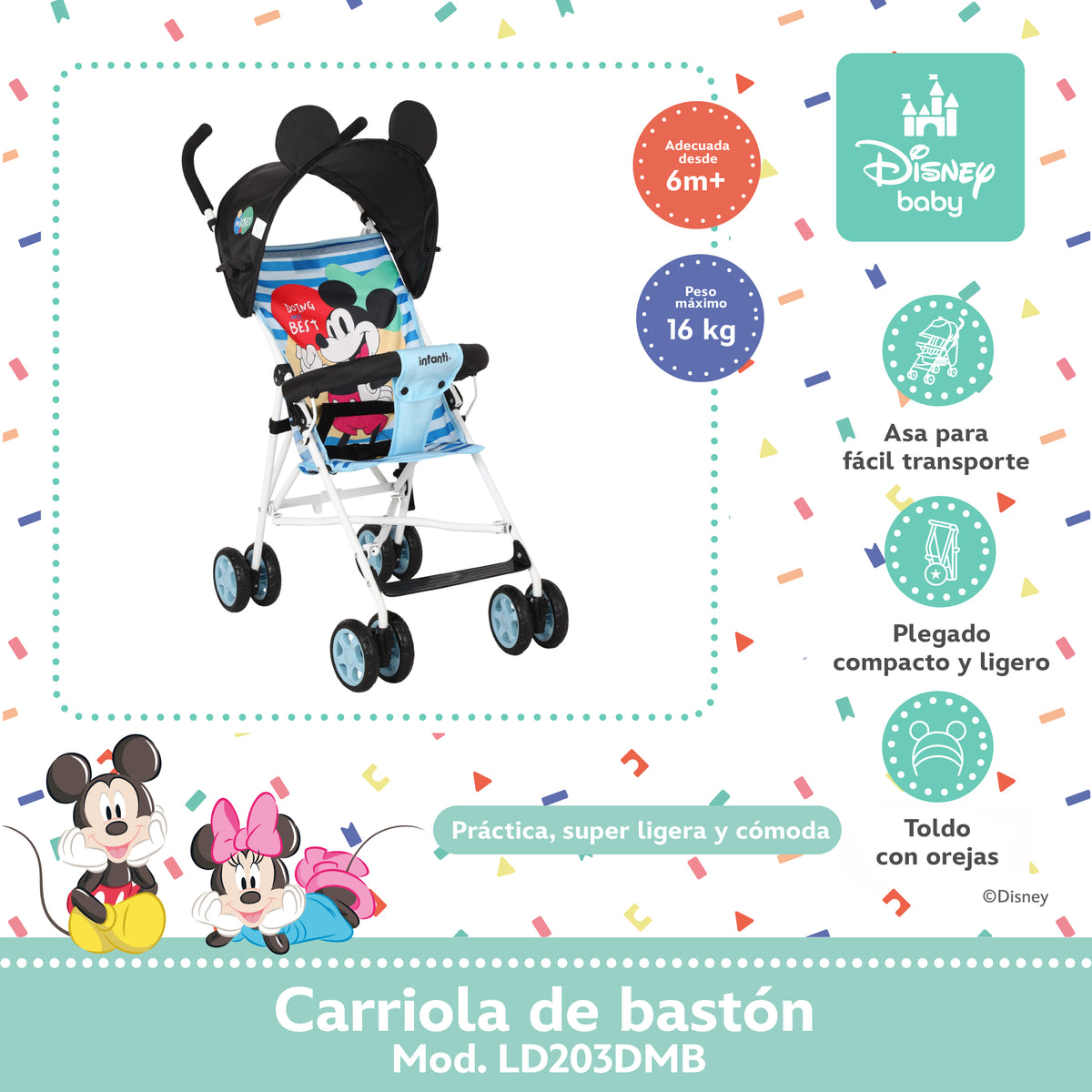 Carriola de Bastón Mickey y Minnie Con Plegado Compacto y Arnés de 3 Puntos