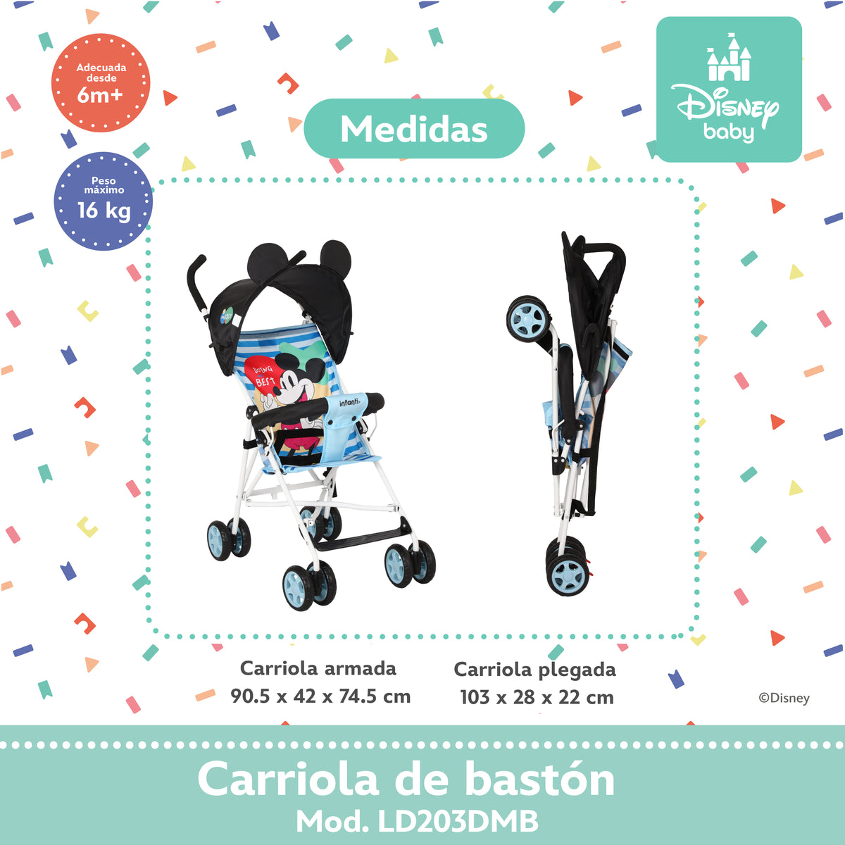 Carriola de Bastón Mickey y Minnie Con Plegado Compacto y Arnés de 3 Puntos