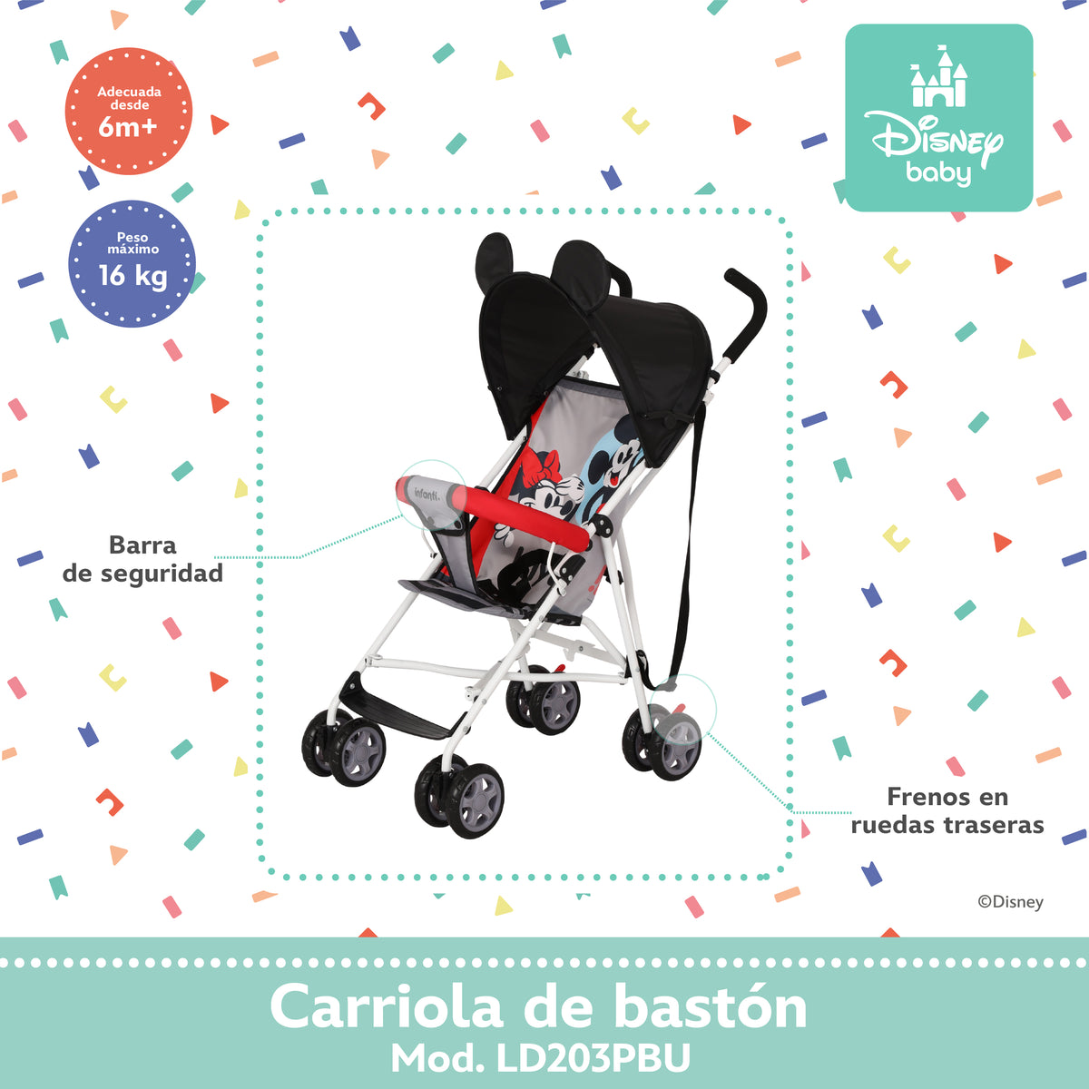 Carriola de Bastón Mickey y Minnie Con Plegado Compacto y Arnés de 3 Puntos