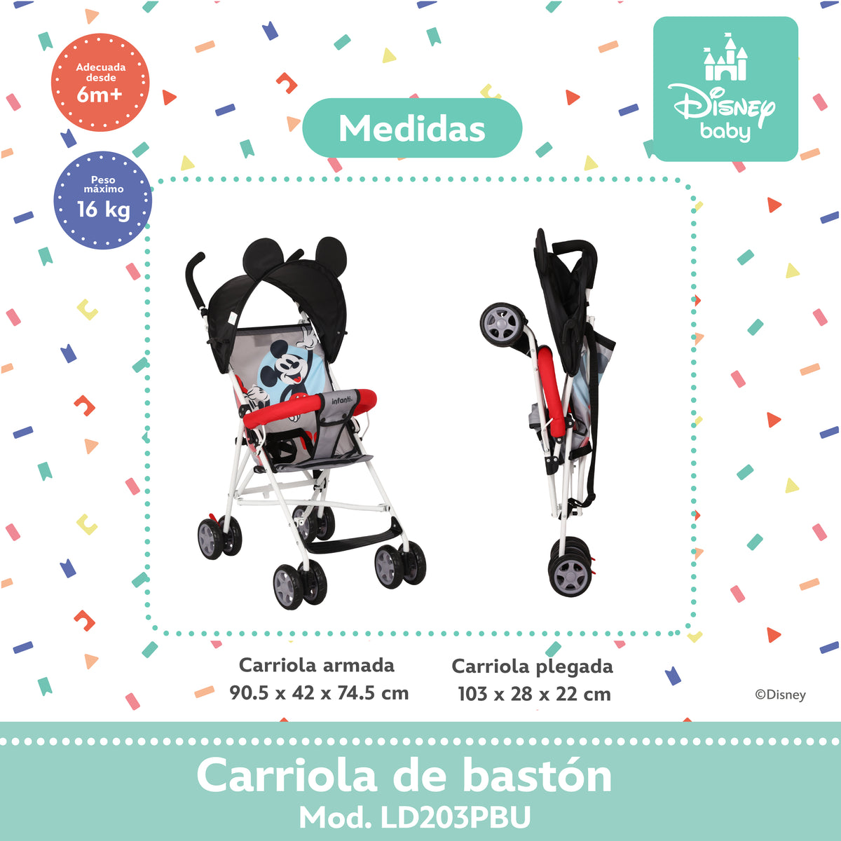 Carriola de Bastón Mickey y Minnie Con Plegado Compacto y Arnés de 3 Puntos