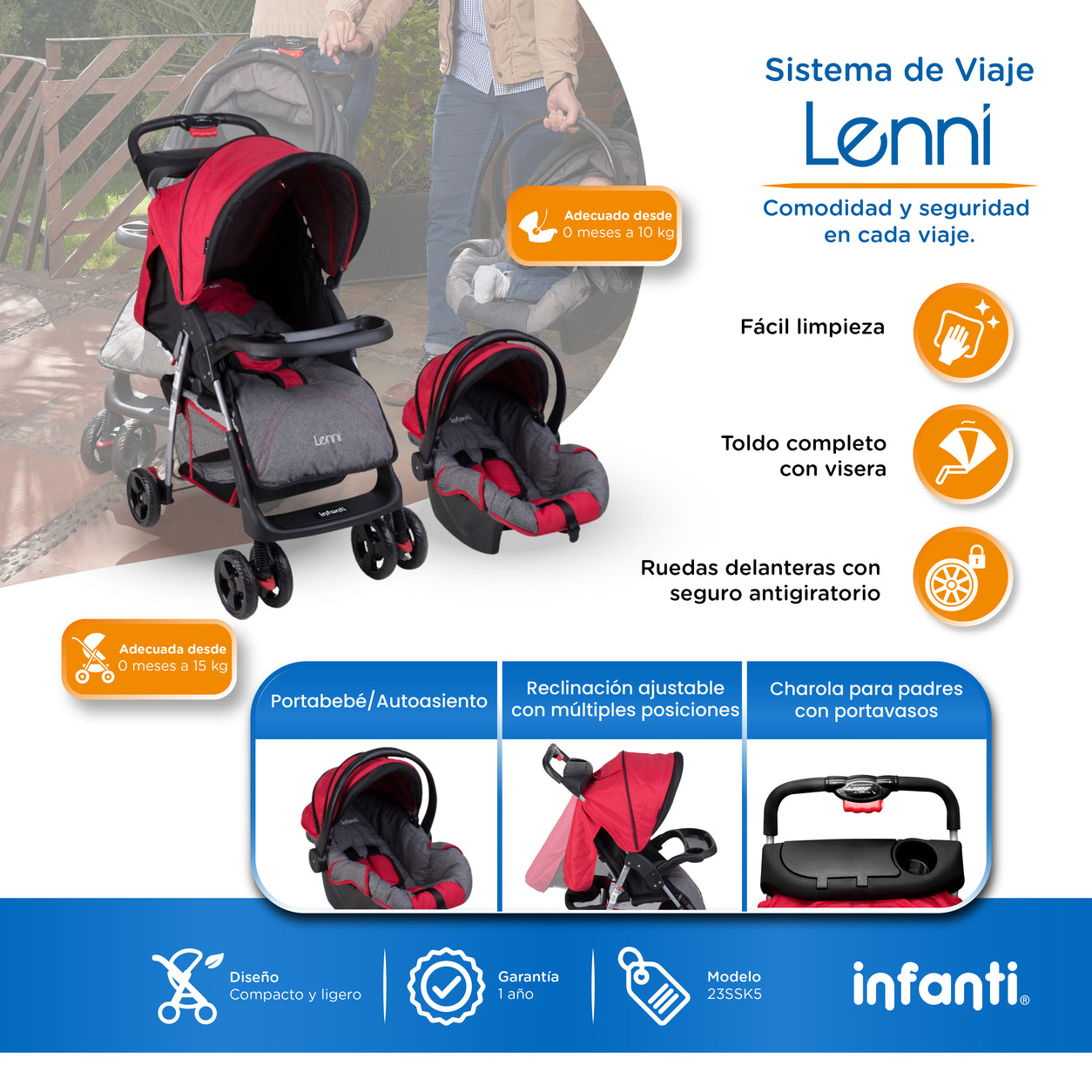 Carriola Travel System Lenni Con Portabebé y Plegado a Una Mano
