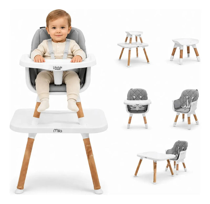 Silla Alta 6 en 1, Mila, Silla Pequeña, Banco Alto, Banquito, Mesa con Sillita y Mesa con Banco, Arnés de 5 Puntos, Charola Ajustable y Funda Lavable, Hasta 25 kg. Lifestyle By Infanti