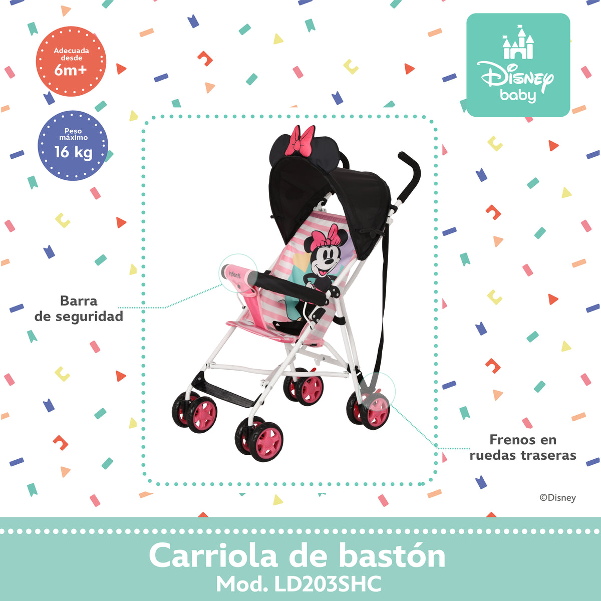 Carriola de Bastón Mickey y Minnie Con Plegado Compacto y Arnés de 3 Puntos