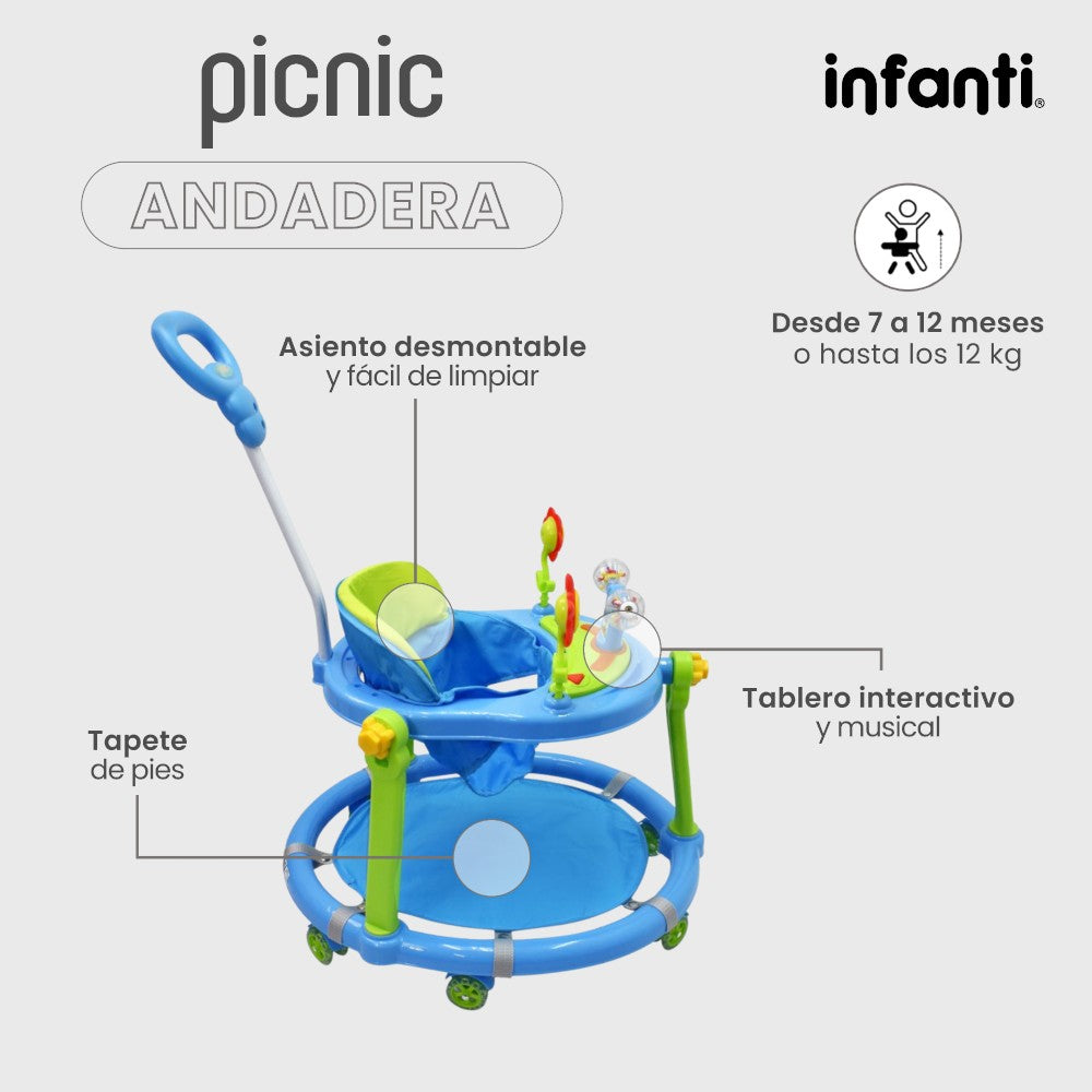 Andadera Picnic Infanti Plegable Para Bebé Con Barra De Empuje