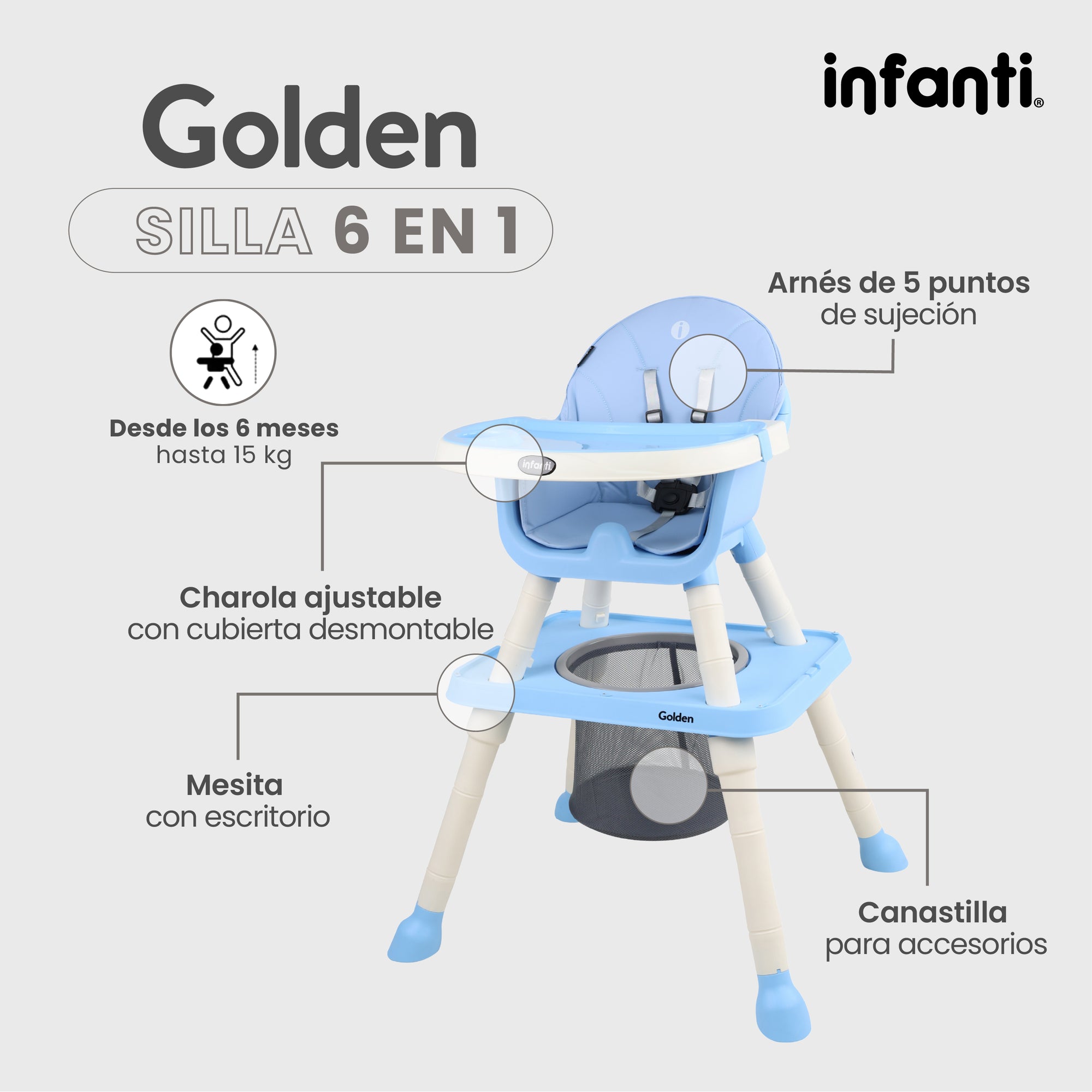 Silla Alta Infanti 6 en 1 Golden Multifuncional Con Charola Y Mesa De Actividades