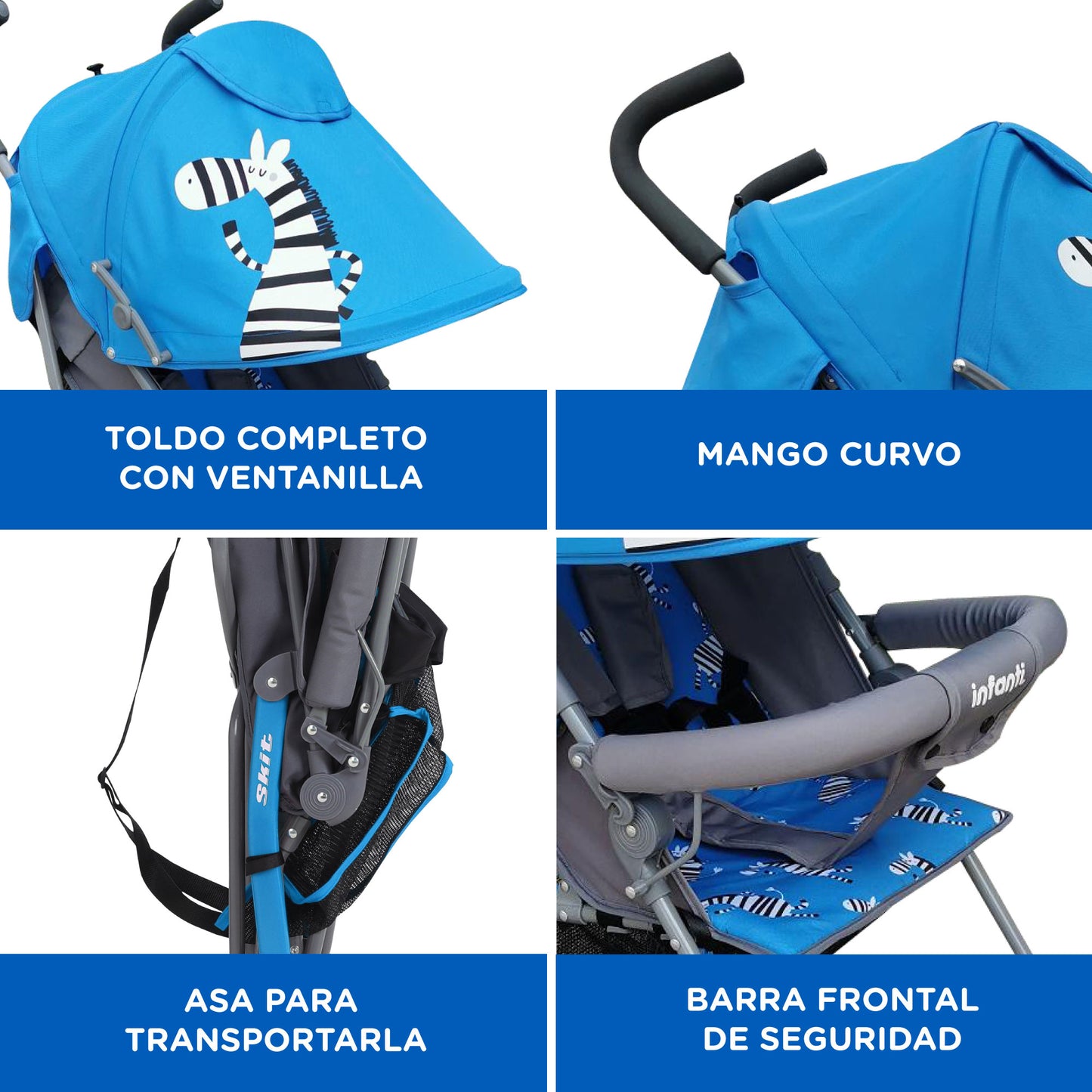 Carriola Infanti Skit Zebra: Plegable Reclinable Y Con Toldo Completo