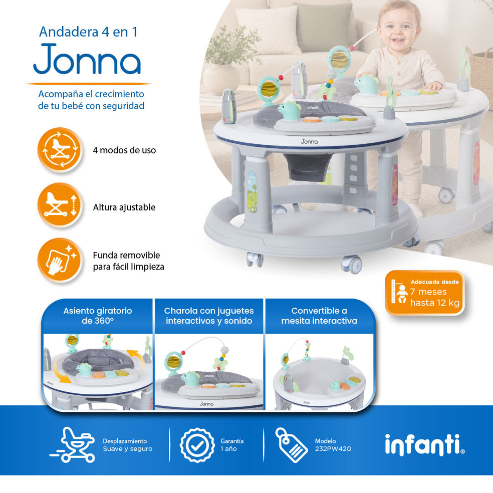Andadera 4 en 1 Jonna Con Asiento Giratorio 360° y Centro de Entretenimiento