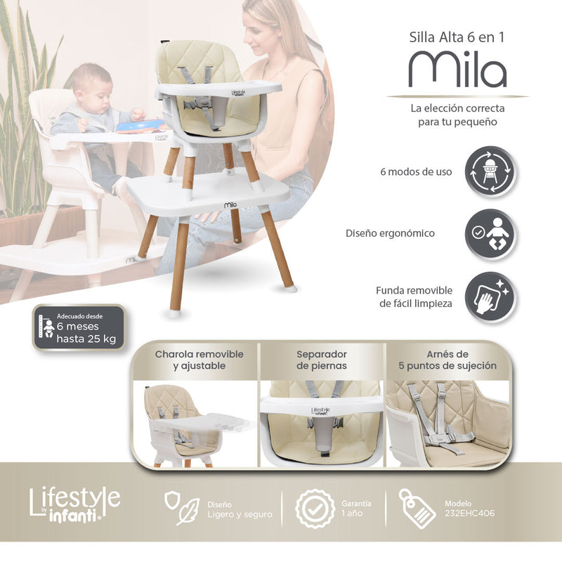 Silla Alta 6 en 1, Mila, Silla Pequeña, Banco Alto, Banquito, Mesa con Sillita y Mesa con Banco, Arnés de 5 Puntos, Charola Ajustable y Funda Lavable, Hasta 25 kg. Lifestyle By Infanti