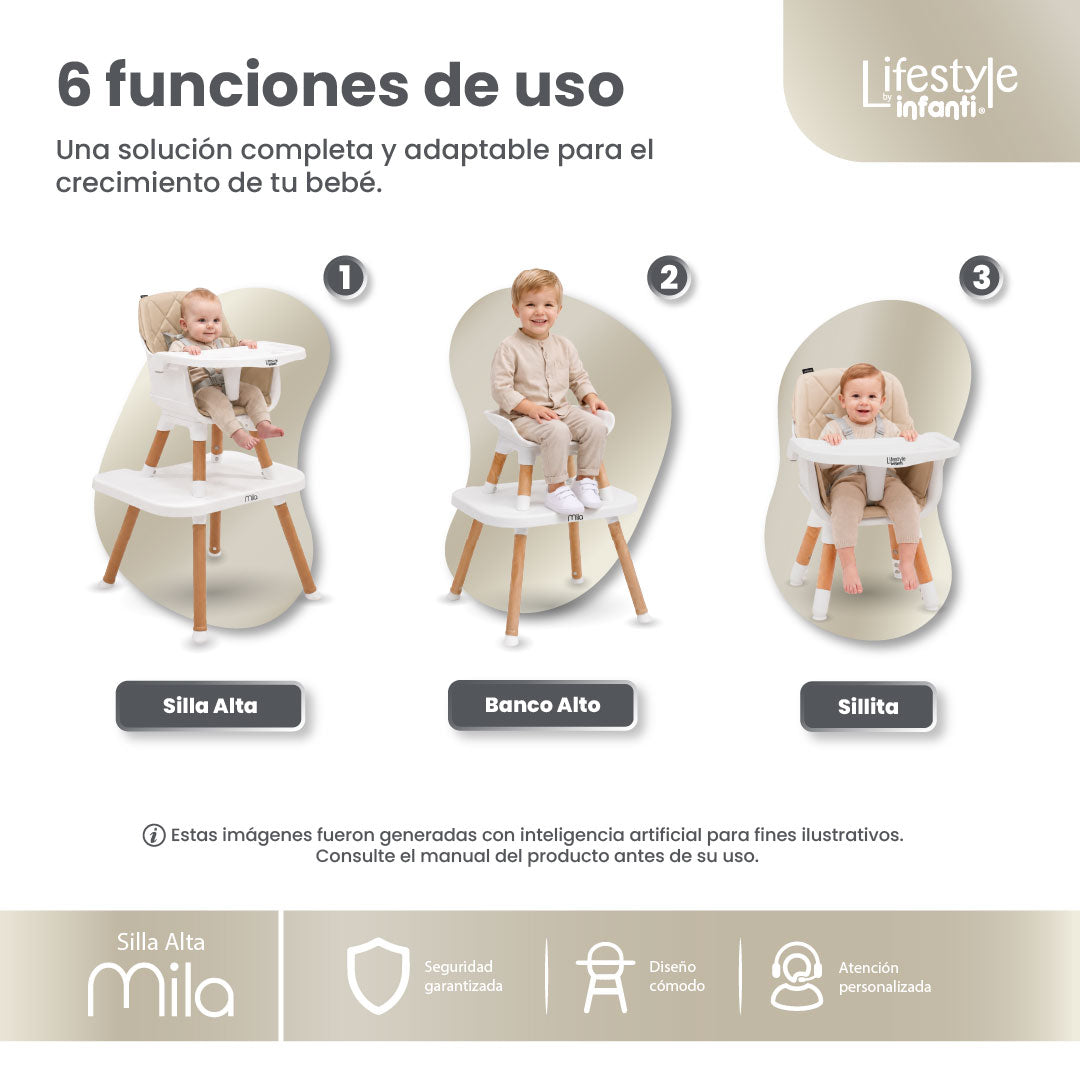Silla Alta 6 en 1, Mila, Silla Pequeña, Banco Alto, Banquito, Mesa con Sillita y Mesa con Banco, Arnés de 5 Puntos, Charola Ajustable y Funda Lavable, Hasta 25 kg. Lifestyle By Infanti