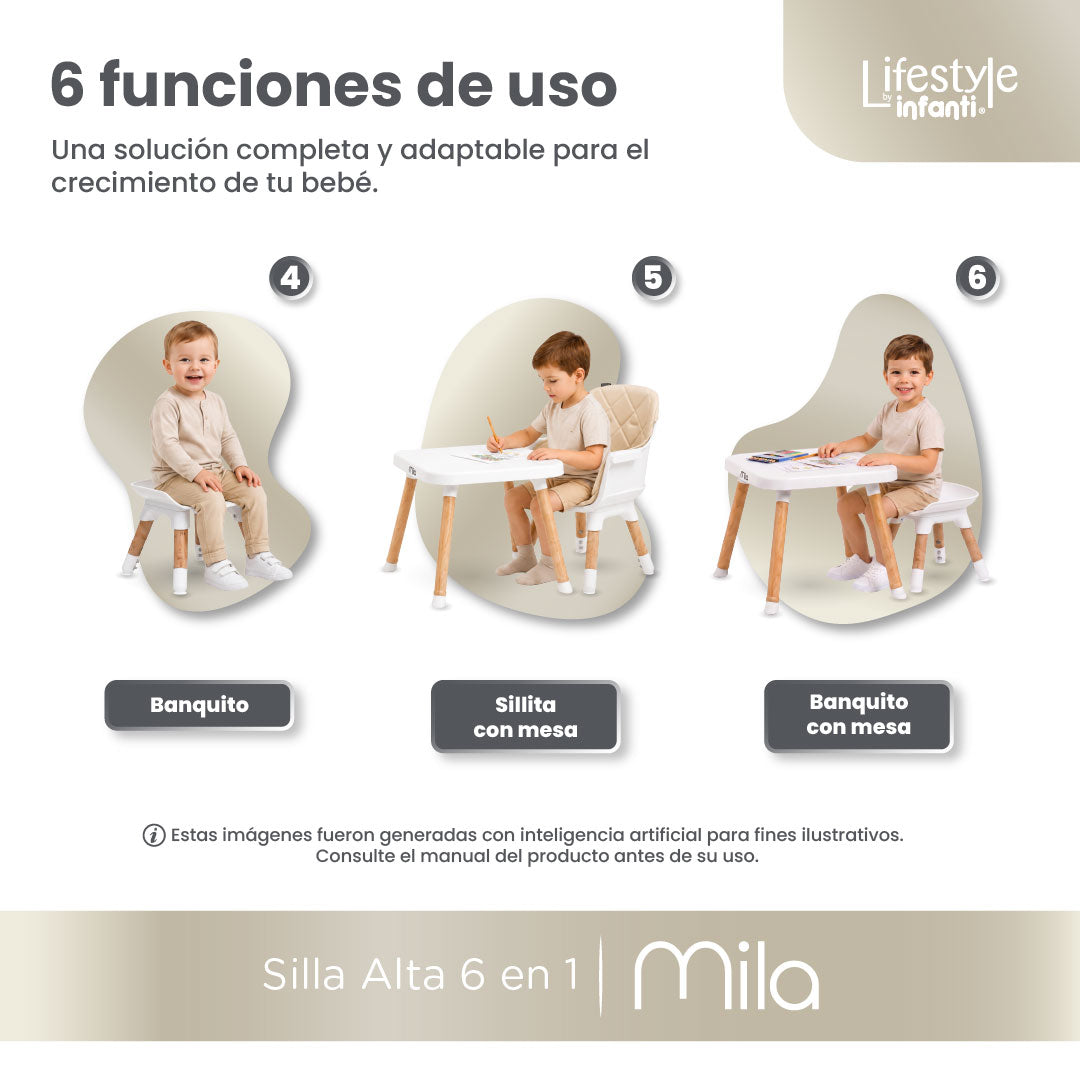 Silla Alta 6 en 1, Mila, Silla Pequeña, Banco Alto, Banquito, Mesa con Sillita y Mesa con Banco, Arnés de 5 Puntos, Charola Ajustable y Funda Lavable, Hasta 25 kg. Lifestyle By Infanti