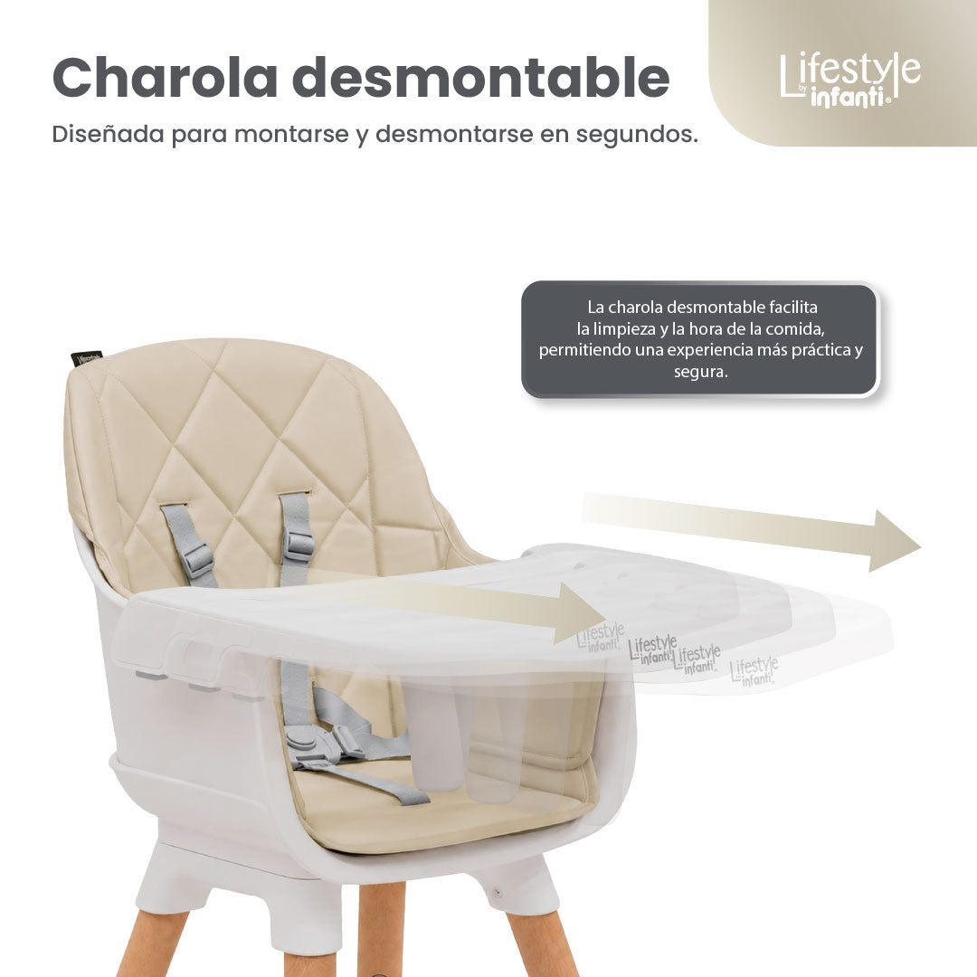 Silla Alta 6 en 1, Mila, Silla Pequeña, Banco Alto, Banquito, Mesa con Sillita y Mesa con Banco, Arnés de 5 Puntos, Charola Ajustable y Funda Lavable, Hasta 25 kg. Lifestyle By Infanti