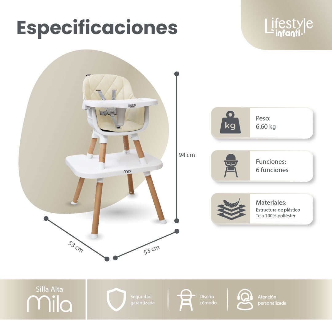 Silla Alta 6 en 1, Mila, Silla Pequeña, Banco Alto, Banquito, Mesa con Sillita y Mesa con Banco, Arnés de 5 Puntos, Charola Ajustable y Funda Lavable, Hasta 25 kg. Lifestyle By Infanti