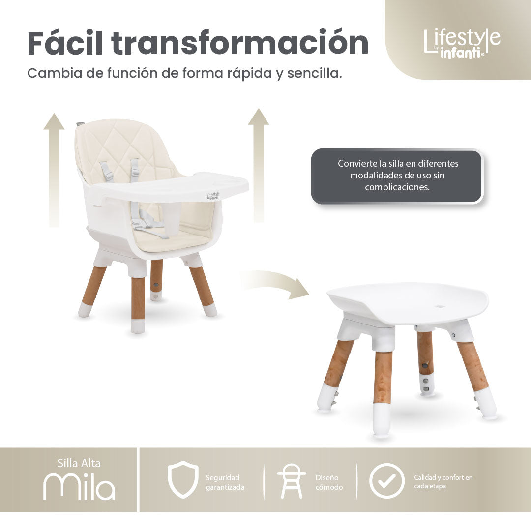 Silla Alta 6 en 1, Mila, Silla Pequeña, Banco Alto, Banquito, Mesa con Sillita y Mesa con Banco, Arnés de 5 Puntos, Charola Ajustable y Funda Lavable, Hasta 25 kg. Lifestyle By Infanti