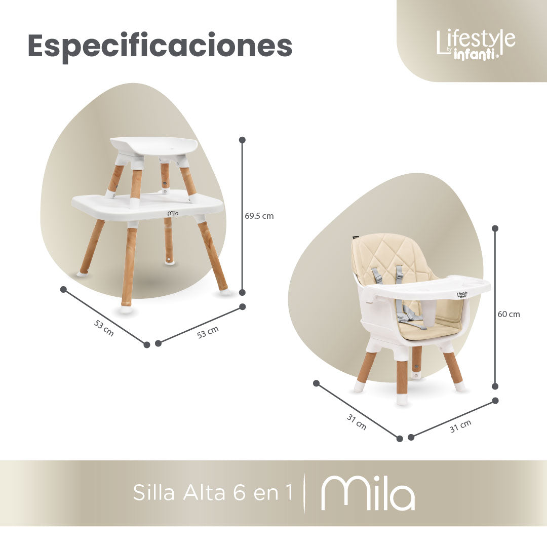 Silla Alta 6 en 1, Mila, Silla Pequeña, Banco Alto, Banquito, Mesa con Sillita y Mesa con Banco, Arnés de 5 Puntos, Charola Ajustable y Funda Lavable, Hasta 25 kg. Lifestyle By Infanti