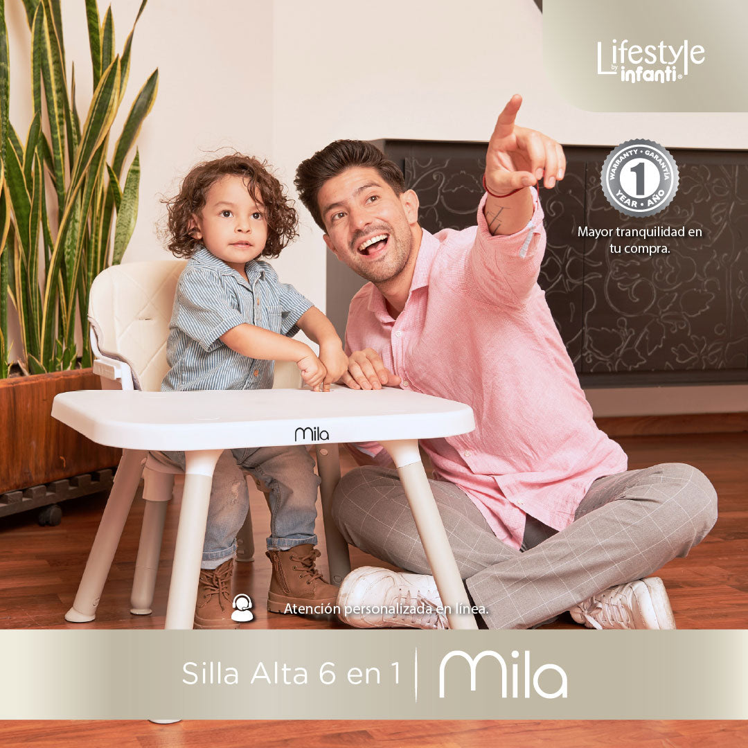 Silla Alta 6 en 1, Mila, Silla Pequeña, Banco Alto, Banquito, Mesa con Sillita y Mesa con Banco, Arnés de 5 Puntos, Charola Ajustable y Funda Lavable, Hasta 25 kg. Lifestyle By Infanti