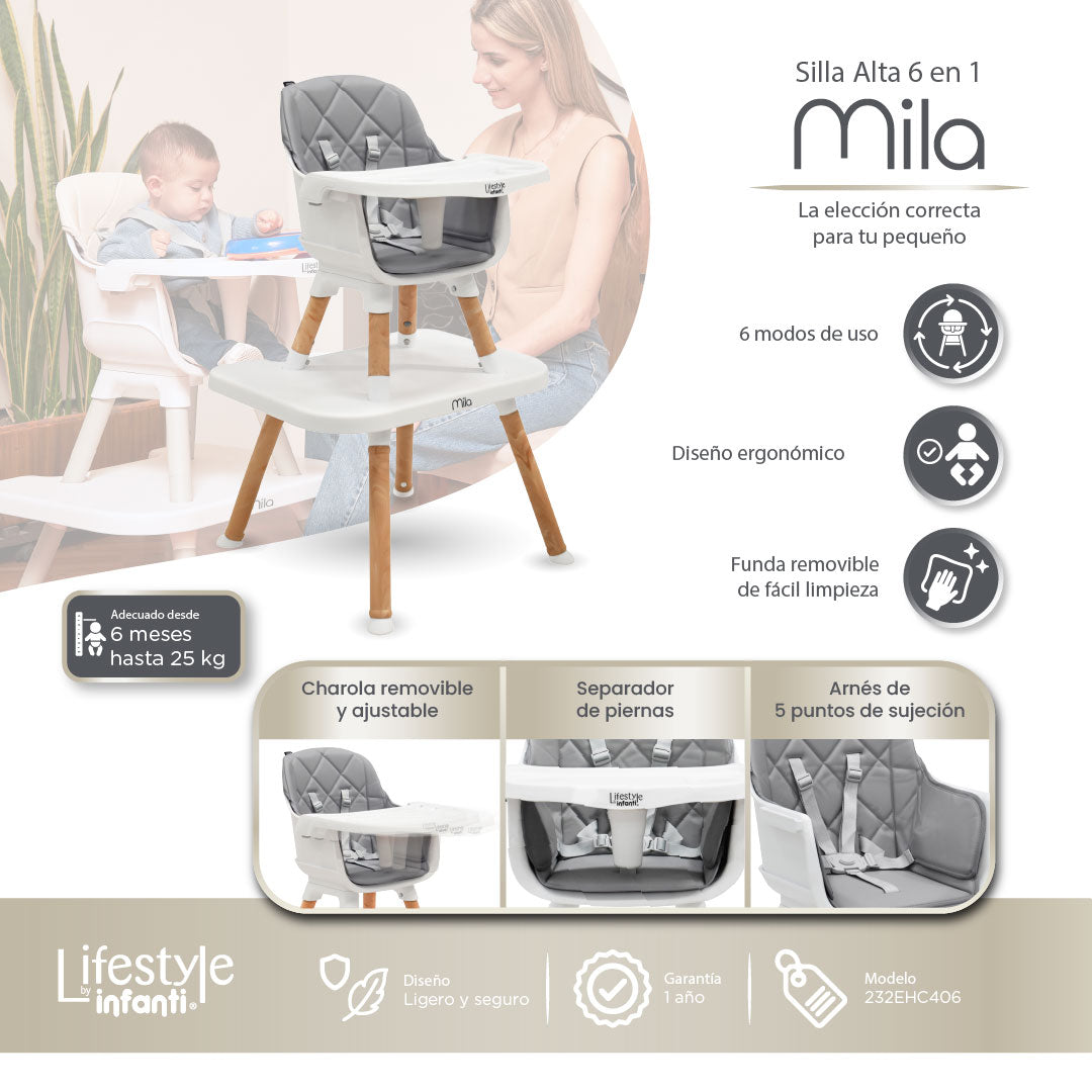 Silla Alta 6 en 1, Mila, Silla Pequeña, Banco Alto, Banquito, Mesa con Sillita y Mesa con Banco, Arnés de 5 Puntos, Charola Ajustable y Funda Lavable, Hasta 25 kg. Lifestyle By Infanti