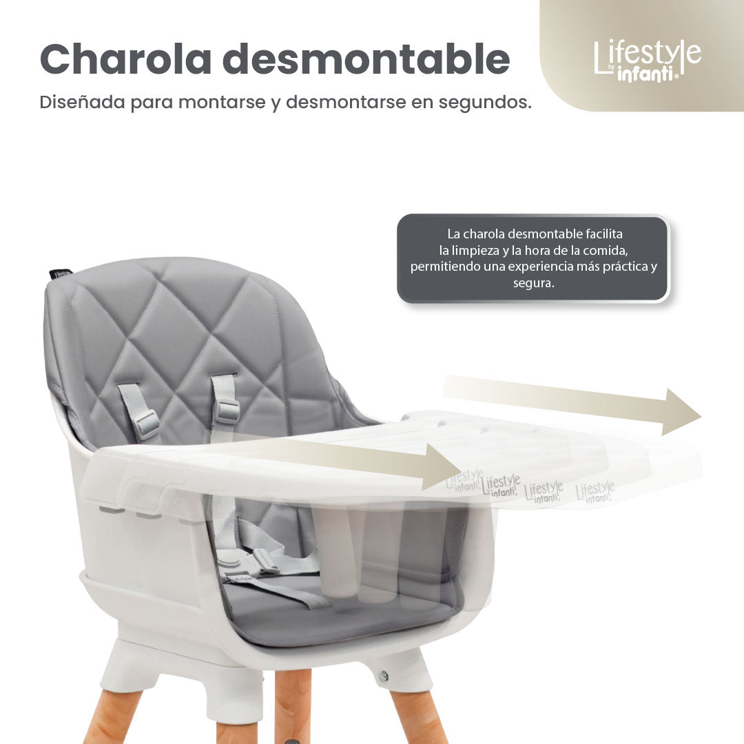 Silla Alta 6 en 1, Mila, Silla Pequeña, Banco Alto, Banquito, Mesa con Sillita y Mesa con Banco, Arnés de 5 Puntos, Charola Ajustable y Funda Lavable, Hasta 25 kg. Lifestyle By Infanti