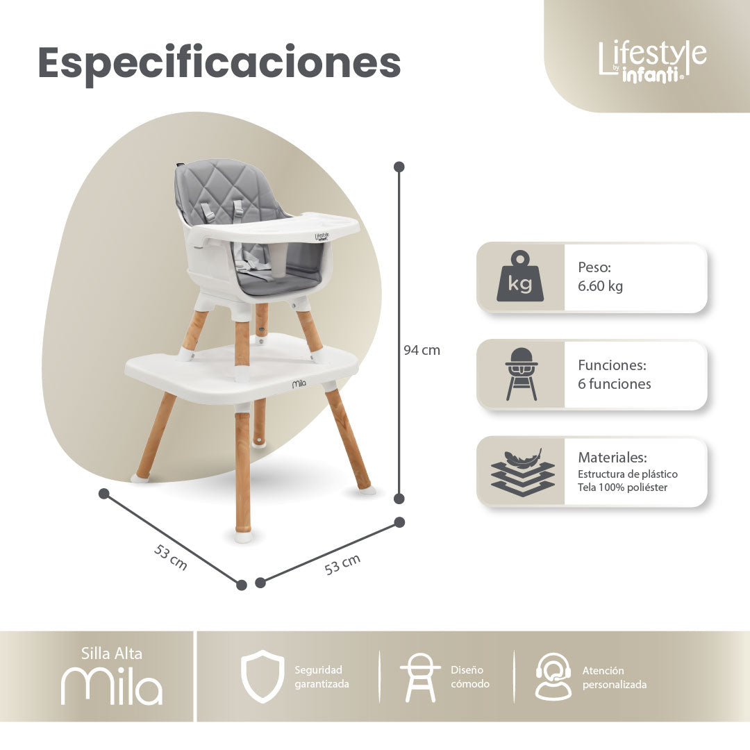 Silla Alta 6 en 1, Mila, Silla Pequeña, Banco Alto, Banquito, Mesa con Sillita y Mesa con Banco, Arnés de 5 Puntos, Charola Ajustable y Funda Lavable, Hasta 25 kg. Lifestyle By Infanti
