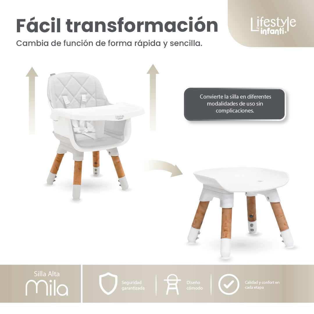 Silla Alta 6 en 1, Mila, Silla Pequeña, Banco Alto, Banquito, Mesa con Sillita y Mesa con Banco, Arnés de 5 Puntos, Charola Ajustable y Funda Lavable, Hasta 25 kg. Lifestyle By Infanti