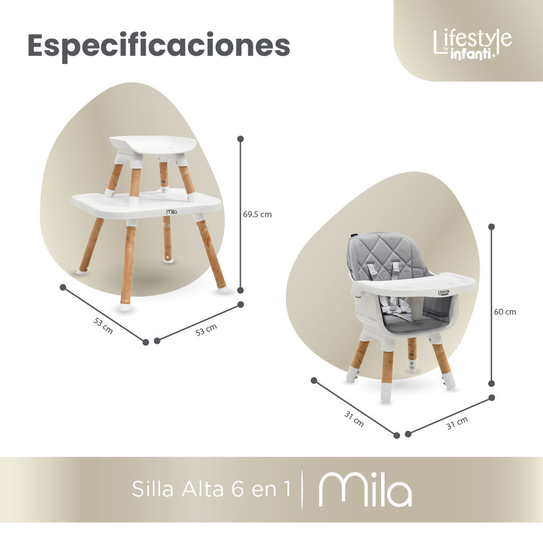 Silla Alta 6 en 1, Mila, Silla Pequeña, Banco Alto, Banquito, Mesa con Sillita y Mesa con Banco, Arnés de 5 Puntos, Charola Ajustable y Funda Lavable, Hasta 25 kg. Lifestyle By Infanti
