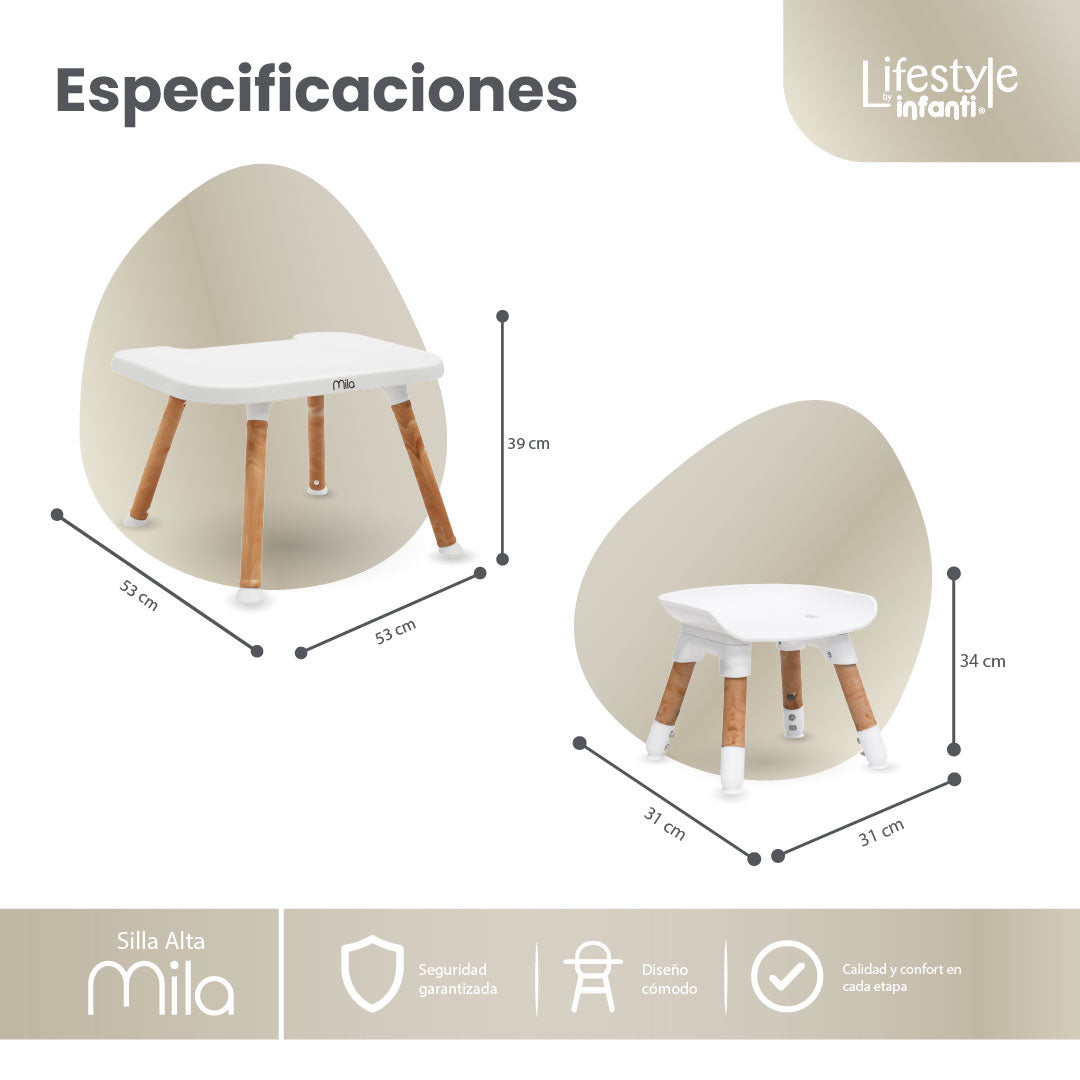 Silla Alta 6 en 1, Mila, Silla Pequeña, Banco Alto, Banquito, Mesa con Sillita y Mesa con Banco, Arnés de 5 Puntos, Charola Ajustable y Funda Lavable, Hasta 25 kg. Lifestyle By Infanti