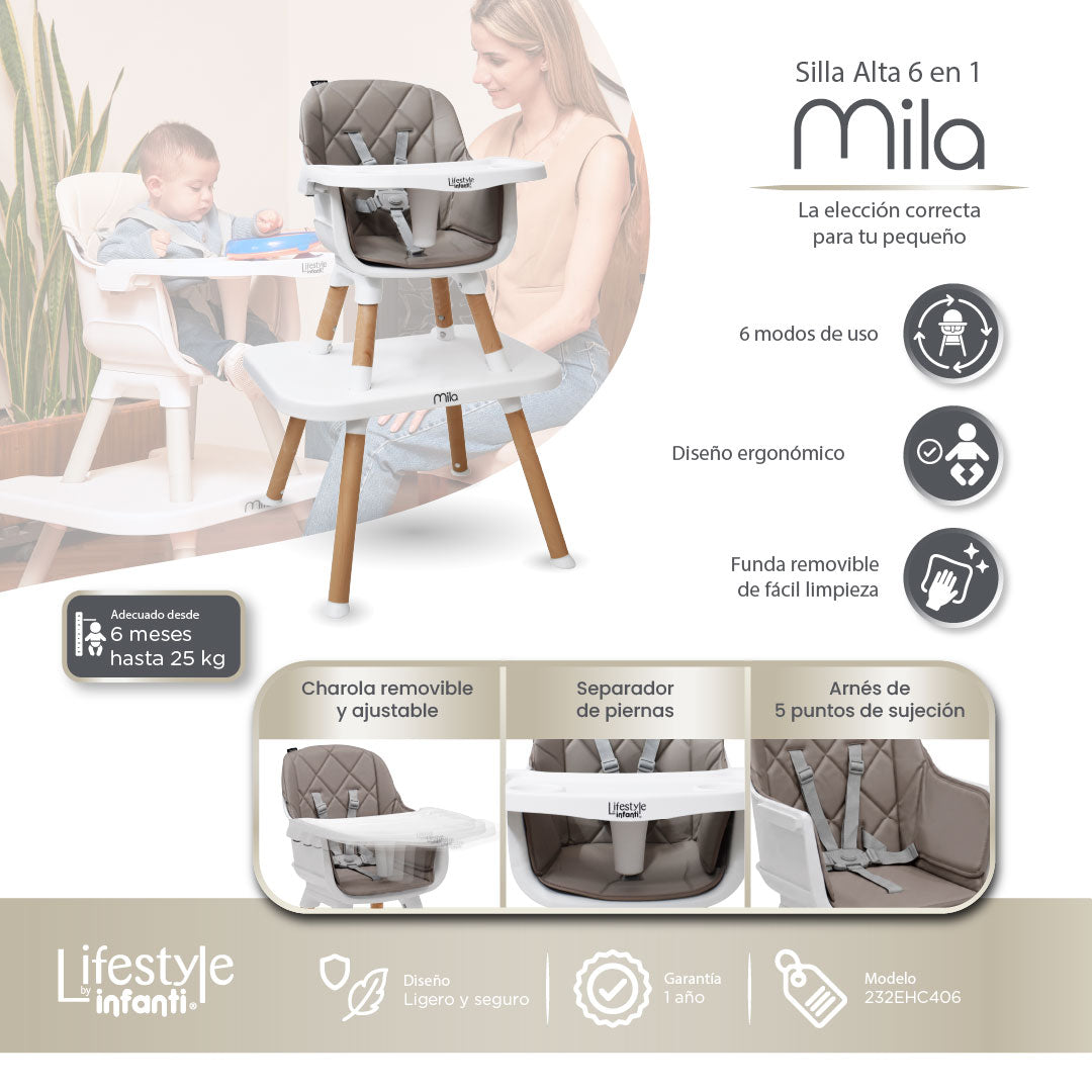 Silla Alta 6 en 1, Mila, Silla Pequeña, Banco Alto, Banquito, Mesa con Sillita y Mesa con Banco, Arnés de 5 Puntos, Charola Ajustable y Funda Lavable, Hasta 25 kg. Lifestyle By Infanti