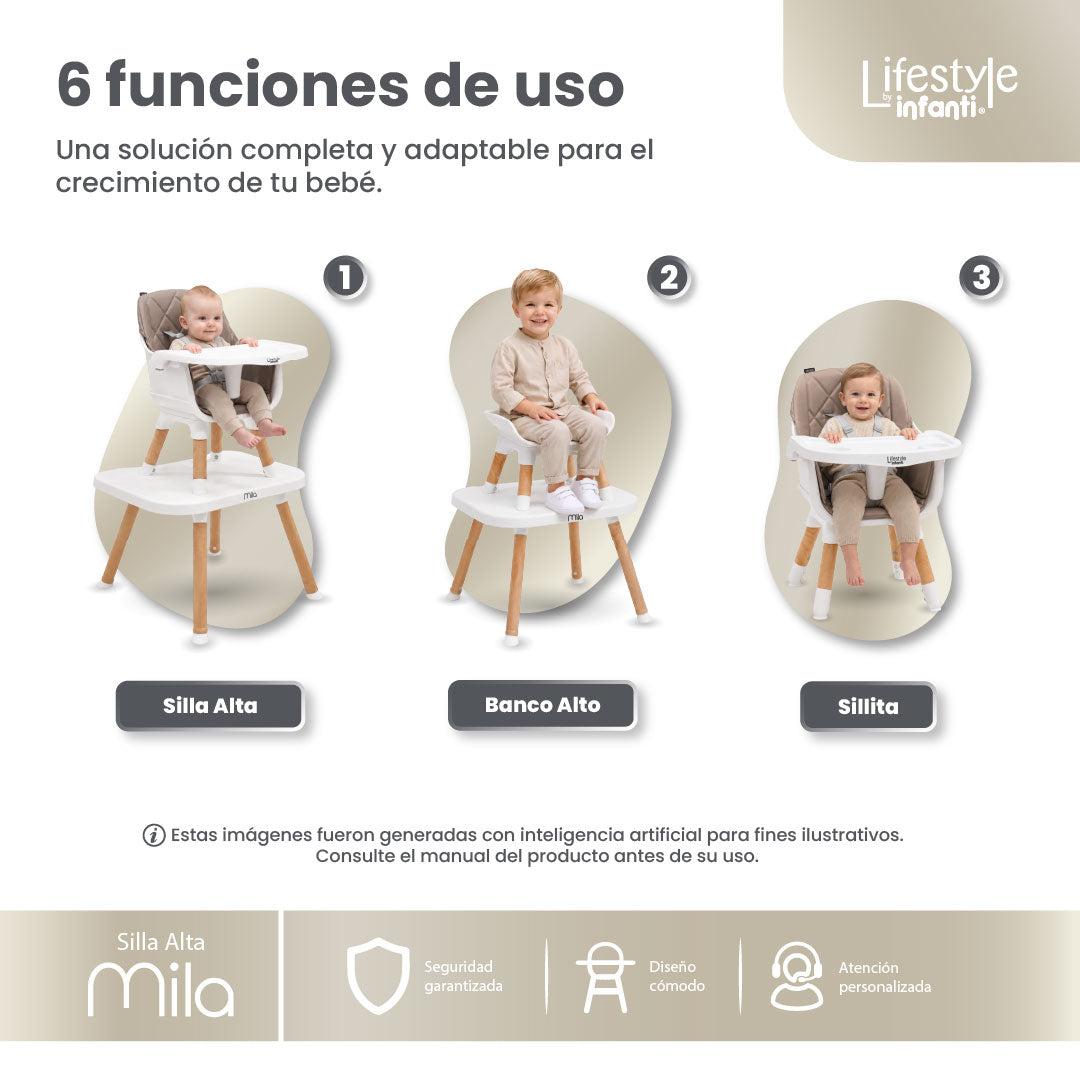 Silla Alta 6 en 1, Mila, Silla Pequeña, Banco Alto, Banquito, Mesa con Sillita y Mesa con Banco, Arnés de 5 Puntos, Charola Ajustable y Funda Lavable, Hasta 25 kg. Lifestyle By Infanti