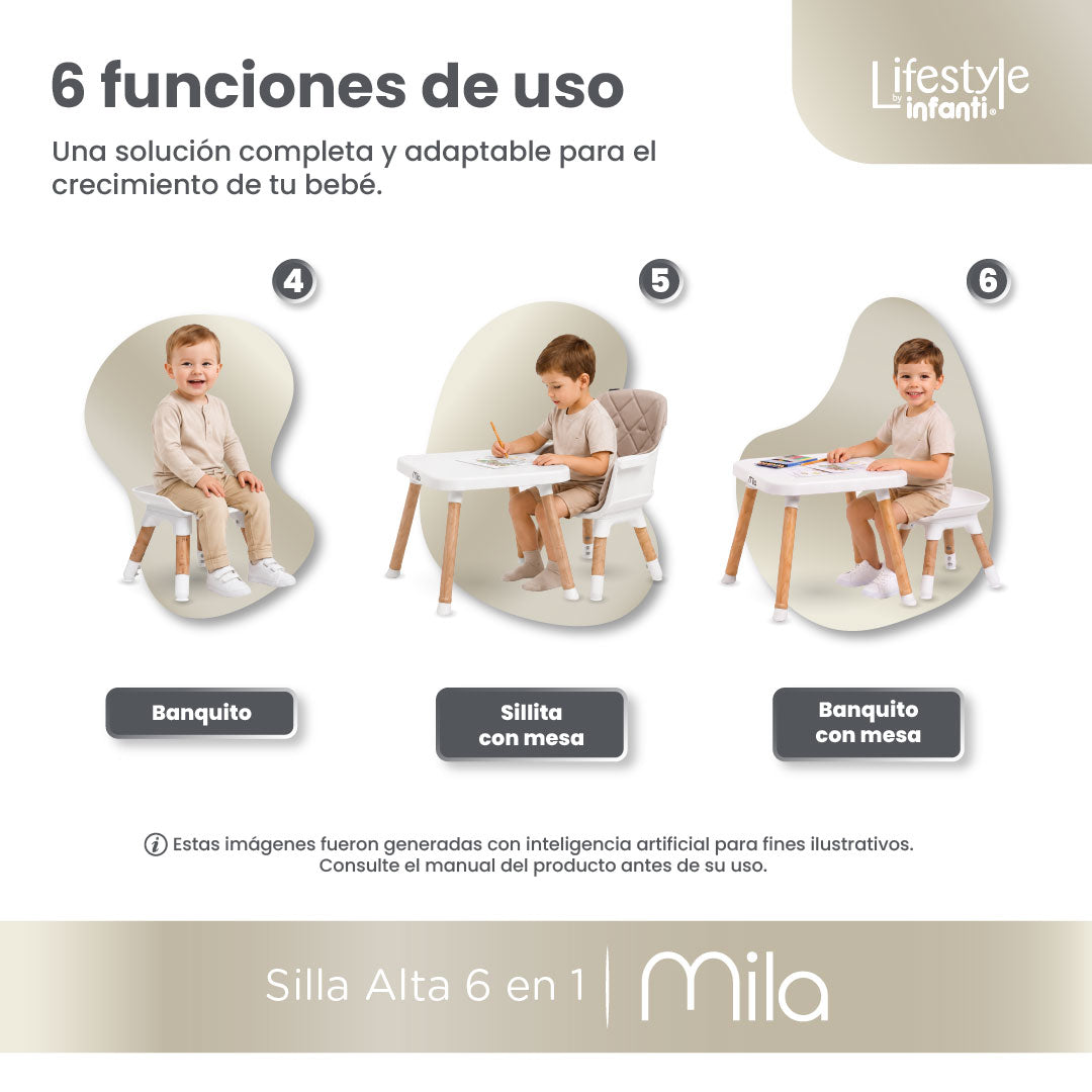 Silla Alta 6 en 1, Mila, Silla Pequeña, Banco Alto, Banquito, Mesa con Sillita y Mesa con Banco, Arnés de 5 Puntos, Charola Ajustable y Funda Lavable, Hasta 25 kg. Lifestyle By Infanti