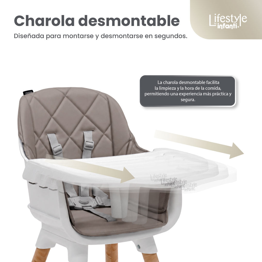 Silla Alta 6 en 1, Mila, Silla Pequeña, Banco Alto, Banquito, Mesa con Sillita y Mesa con Banco, Arnés de 5 Puntos, Charola Ajustable y Funda Lavable, Hasta 25 kg. Lifestyle By Infanti