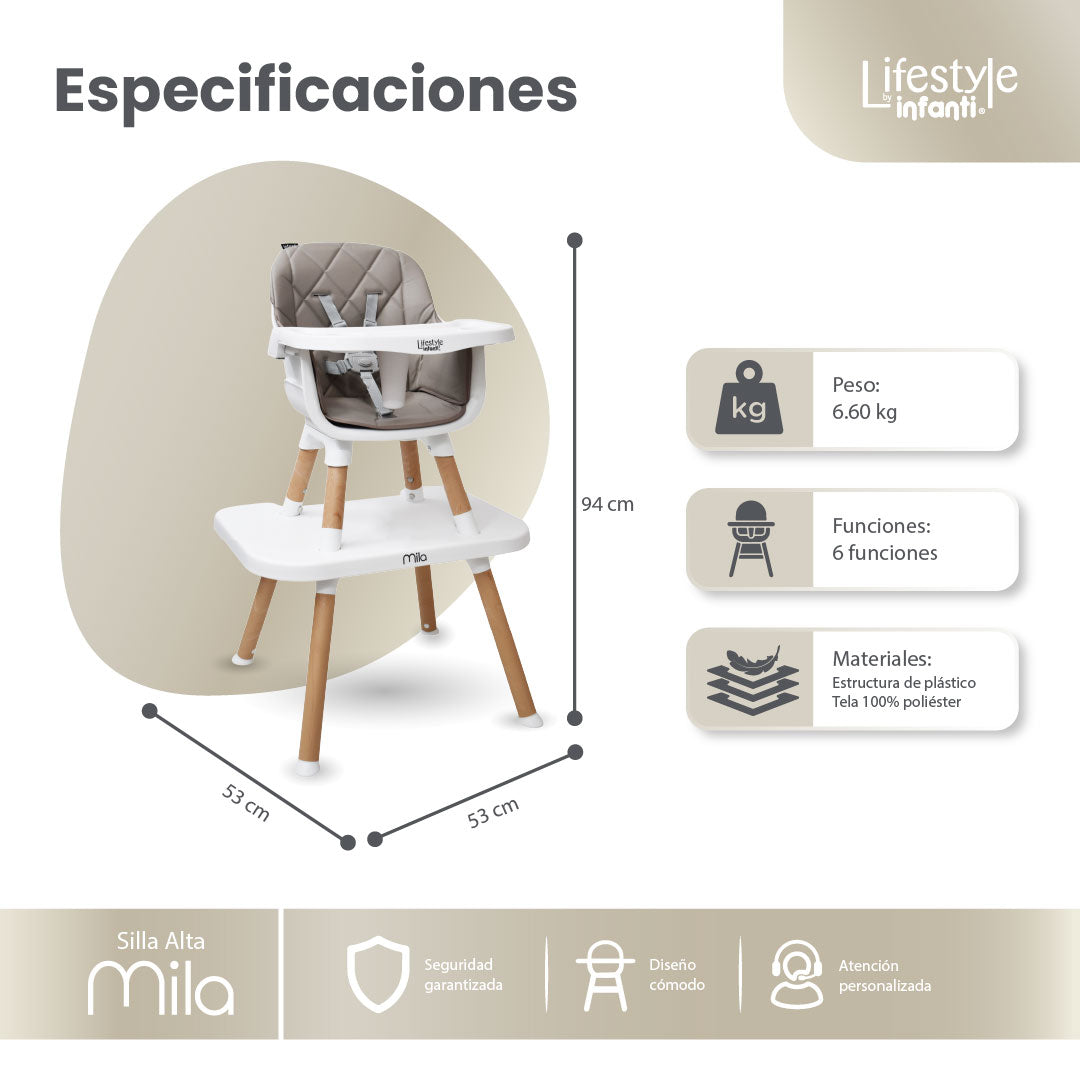Silla Alta 6 en 1, Mila, Silla Pequeña, Banco Alto, Banquito, Mesa con Sillita y Mesa con Banco, Arnés de 5 Puntos, Charola Ajustable y Funda Lavable, Hasta 25 kg. Lifestyle By Infanti