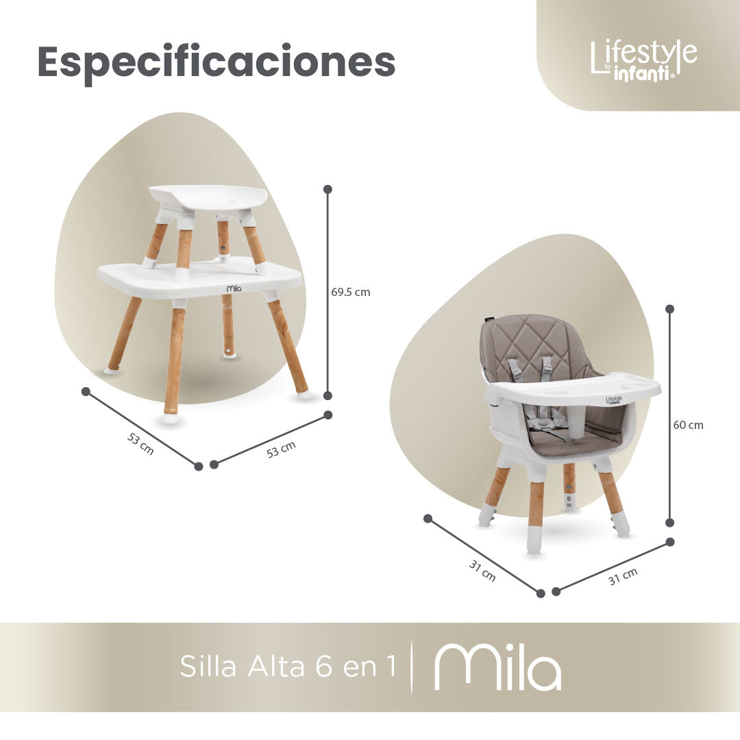 Silla Alta 6 en 1, Mila, Silla Pequeña, Banco Alto, Banquito, Mesa con Sillita y Mesa con Banco, Arnés de 5 Puntos, Charola Ajustable y Funda Lavable, Hasta 25 kg. Lifestyle By Infanti