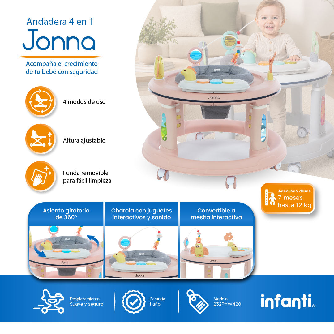 Andadera 4 en 1 Jonna Con Asiento Giratorio 360° y Centro de Entretenimiento